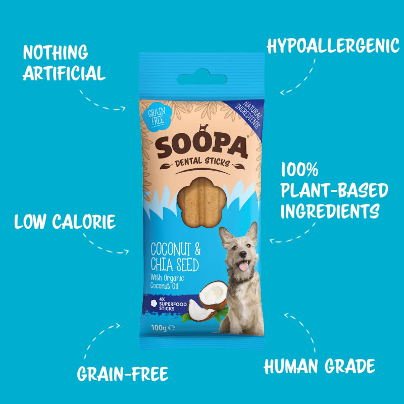SOOPA kokosriekstu un čia sēklu zobu košļājamās tabletes suņiem, 100gr