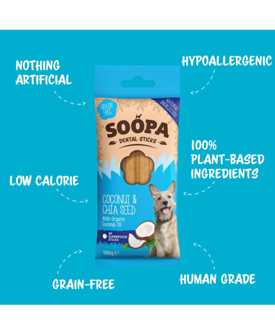 SOOPA kokosriekstu un čia sēklu zobu košļājamās tabletes suņiem, 100gr