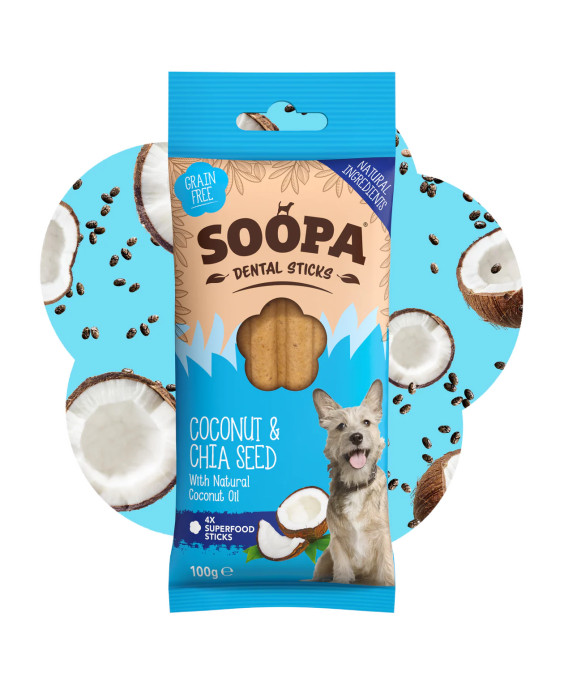 SOOPA kokosriekstu un čia sēklu zobu košļājamās tabletes suņiem, 100gr