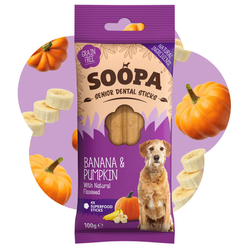 SOOPA banānu un ķirbju zobu košļājamās tabletes senioriem suņiem, 100g
