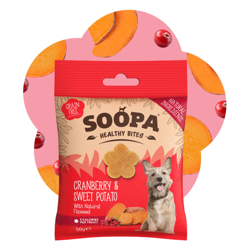 SOOPA dzērveņu un saldo kartupeļu kārumi suņiem 50g