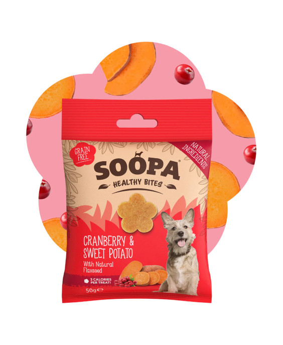SOOPA dzērveņu un saldo kartupeļu kārumi suņiem 50g