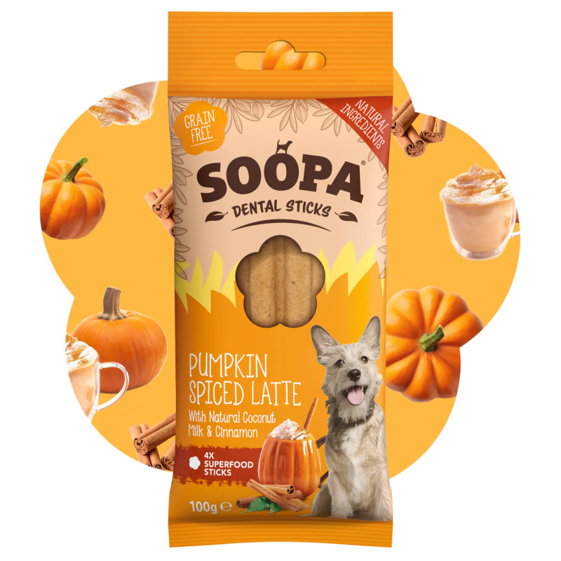 Ķirbju garšvielām aromatizētas Latte nūjiņas suņiem, SOOPA
