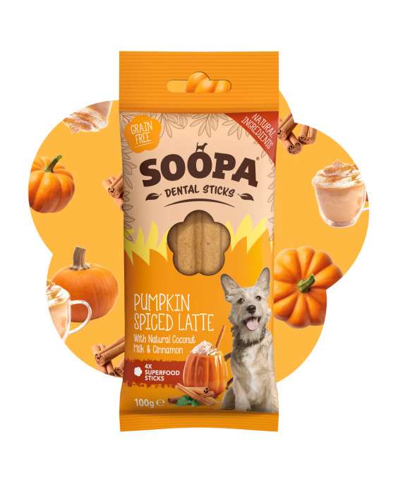 Ķirbju garšvielām aromatizētas Latte nūjiņas suņiem, SOOPA
