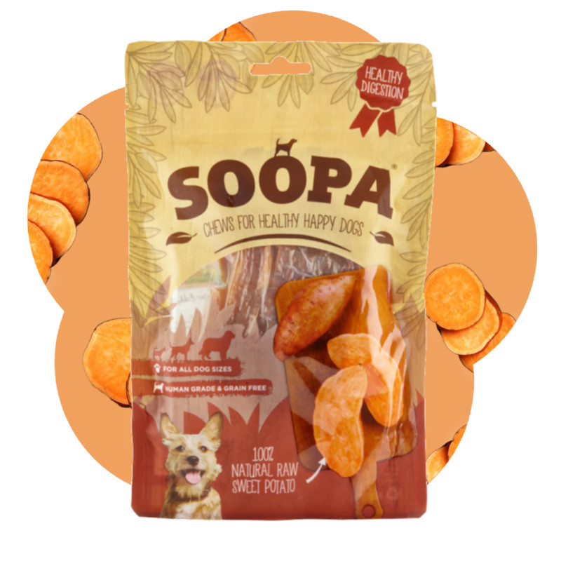 Dabīgi saldo kartupeļu košļājamie grauzdiņi suņiem, SOOPA