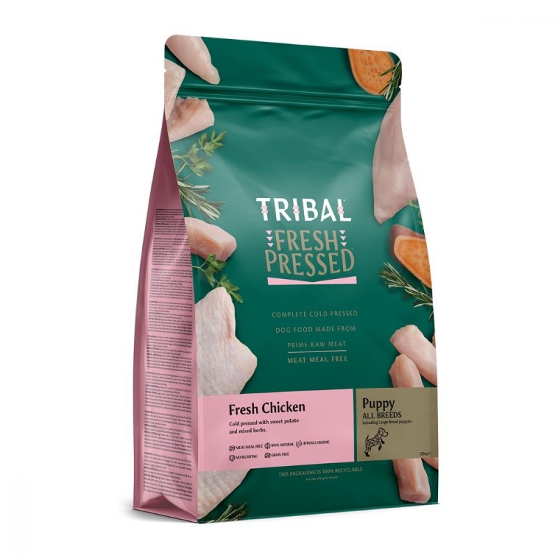 Auksti presēta vistas gaļas barība kucēniem "Fresh Pressed Chicken - PUPPY", TRIBAL