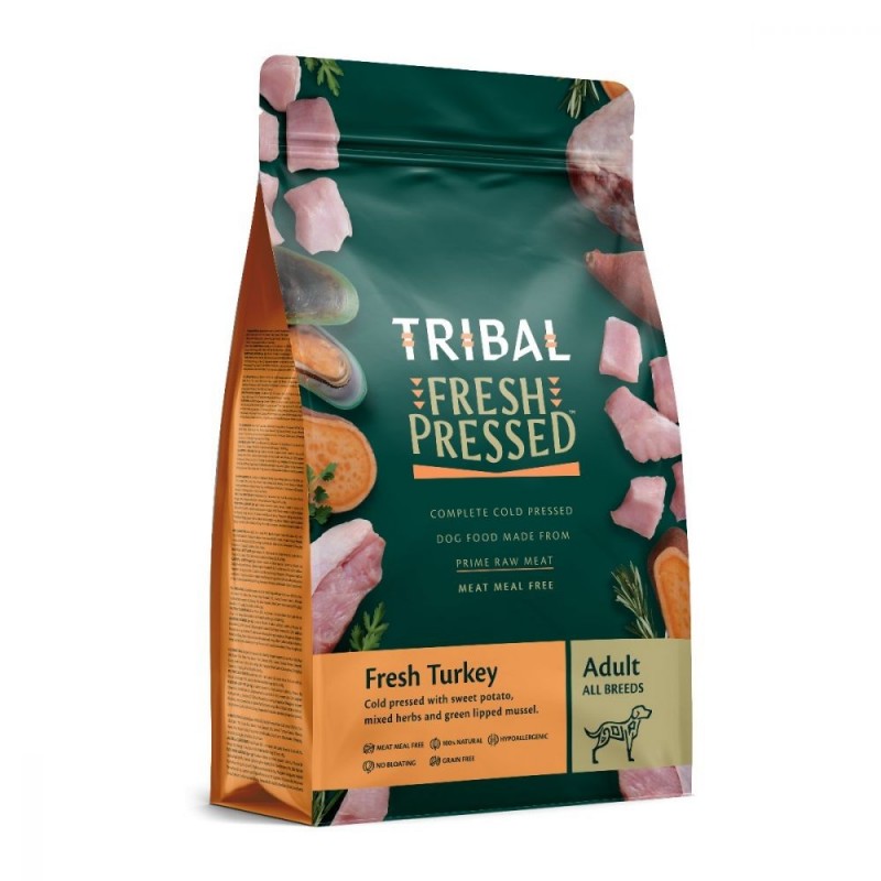 Suņu barība, auksti spiests tītars "Fresh Pressed Turkey - ADULT", TRIBAL