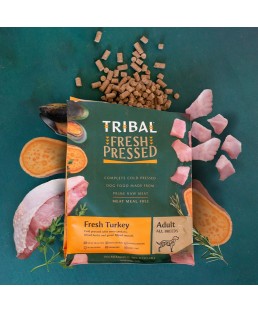 Suņu barība, auksti spiests tītars "Fresh Pressed Turkey - ADULT", TRIBAL