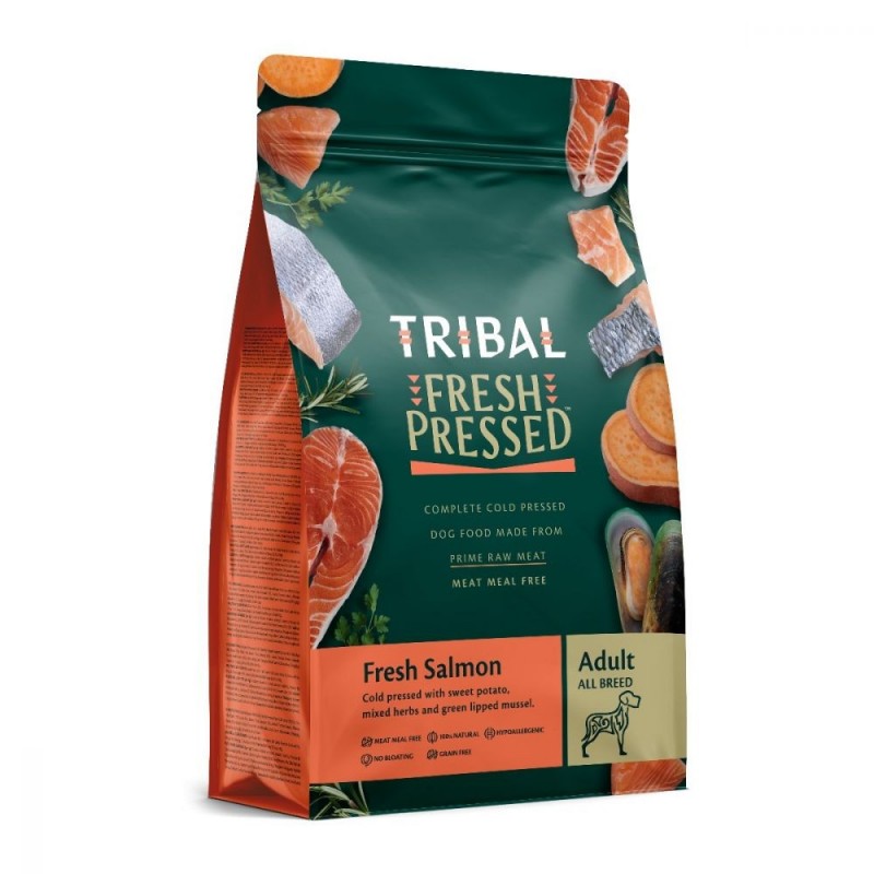 Barība suņiem, auksti spiests lasis "Fresh Pressed Salmon - ADULT", TRIBAL