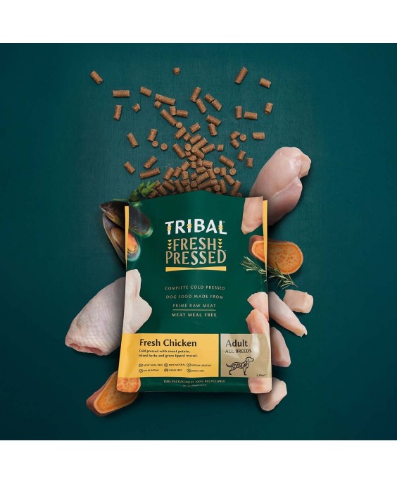 Suņu barība, auksti presēta vistas gaļa "Fresh Pressed Chicken - ADULT", TRIBAL
