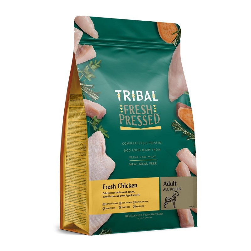 Suņu barība, auksti presēta vistas gaļa "Fresh Pressed Chicken - ADULT", TRIBAL